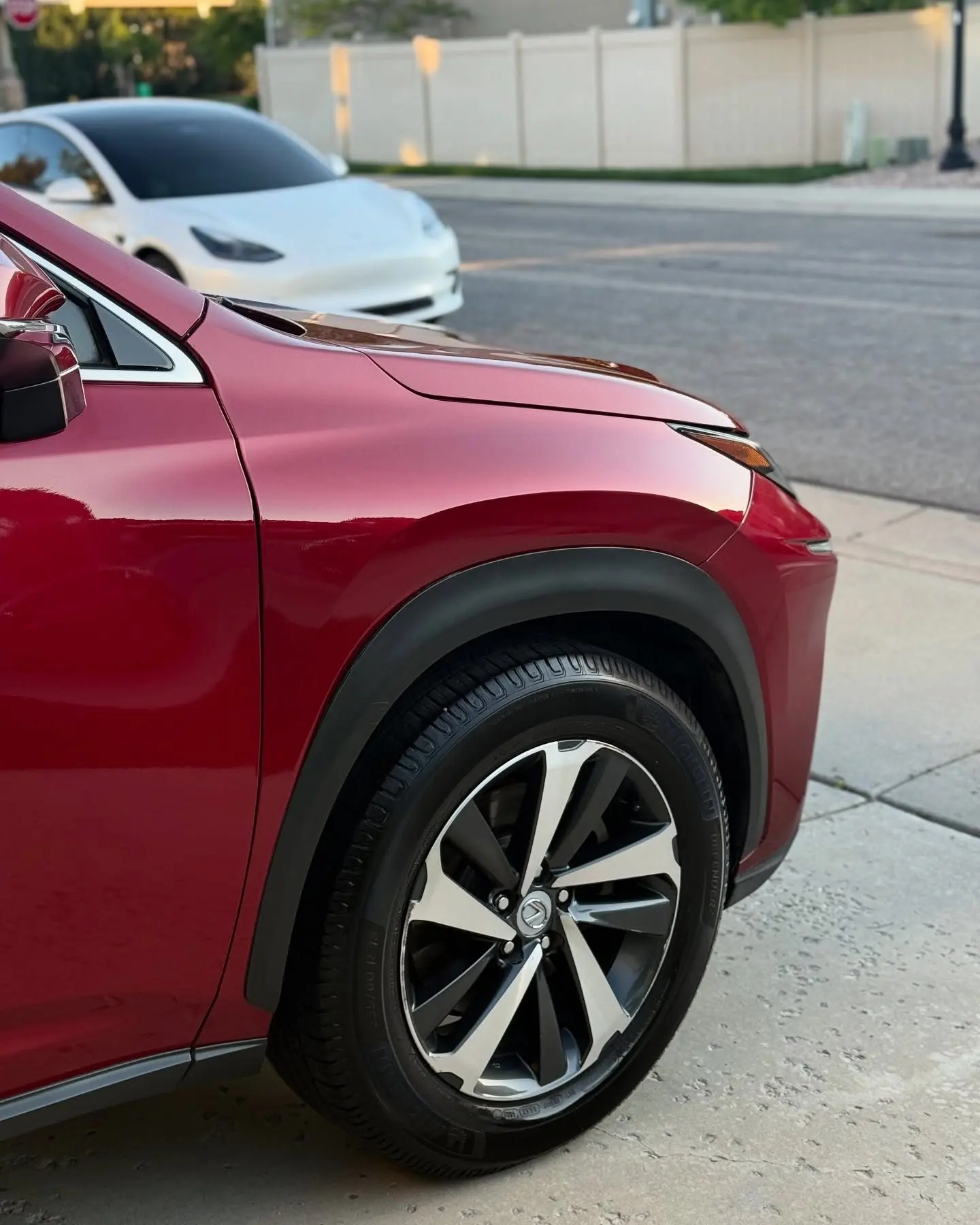 The polished front fender of a red Lexus NX