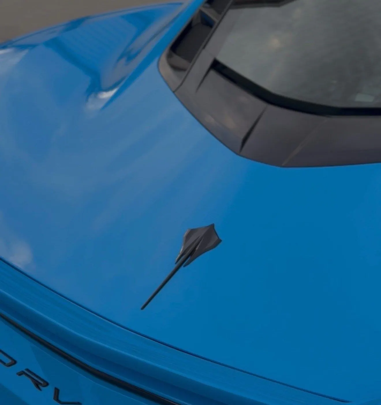 The rear deck of a Rapid Blue Corvette C8, finish deep enough to mirror the sky