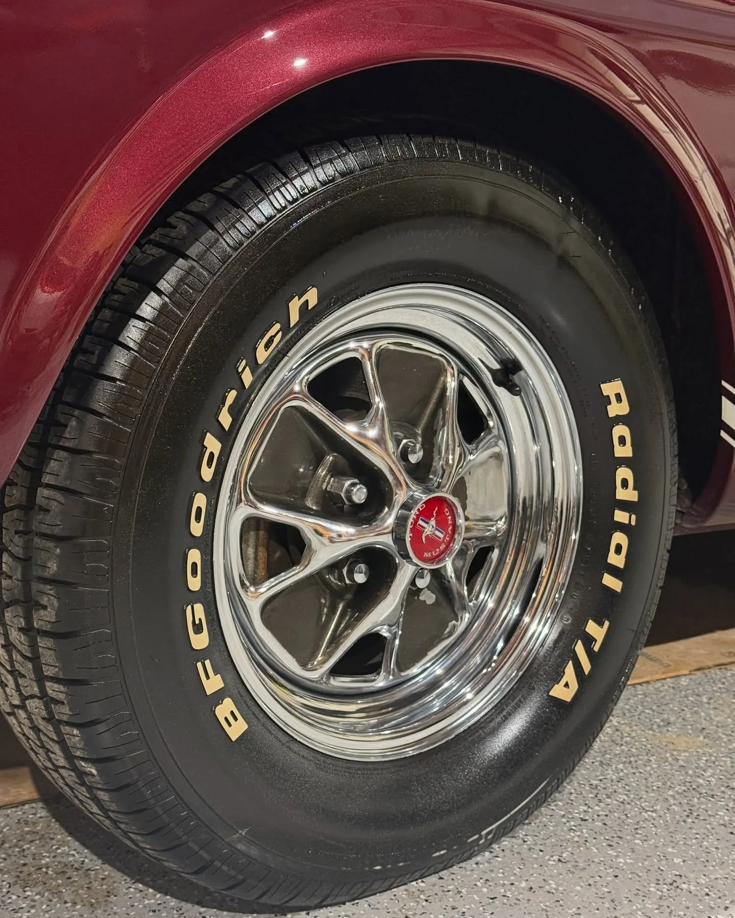 The wheel and white-letter BFGoodrich tire on the 1966 Mustang, up close
